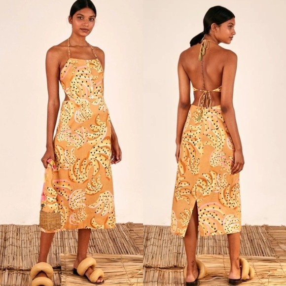Farm Rio Caramel Raining Bananas Midi Dress NWT Size XS 100% Linen Halter